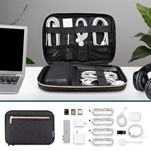 PAVILIA Travel Cord Organizer, Electronic Organizer Travel Case, Tech Case Cable Storage, Small Charger Cord Bag Pouch, Accessories Tech Gifts for Men Women, Black Quilt - color: Black Quilt