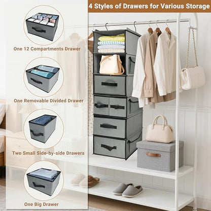 Durable 6-Tier hanging closet organizer with 5 Drawers & 3 Side Pocket,Thickened Fabric Hanging Shelves Holder with Sturdy Hook,Space-saving Storage Organization for Bedroom,Dorm,Guestroom,RV,Bathroom - style: Inseparable-6 Tier