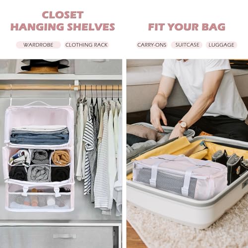 Surblue Hanging Shelves Travel Storage Bag Compression Packing Cube for Suitcase Portable Closet Organizer Collapsible with Extension Layer Large Capacity,Pink,XXL - color: A-Pink, size: XXL 15.7*11.8*23.6in
