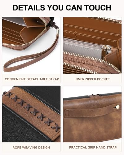 BOSTANTEN Wallets for Women Leather RFID Double Zipper Around Credit Card Holder Large Capacity Wristlet Clutch Wallet - color: Black＆brown