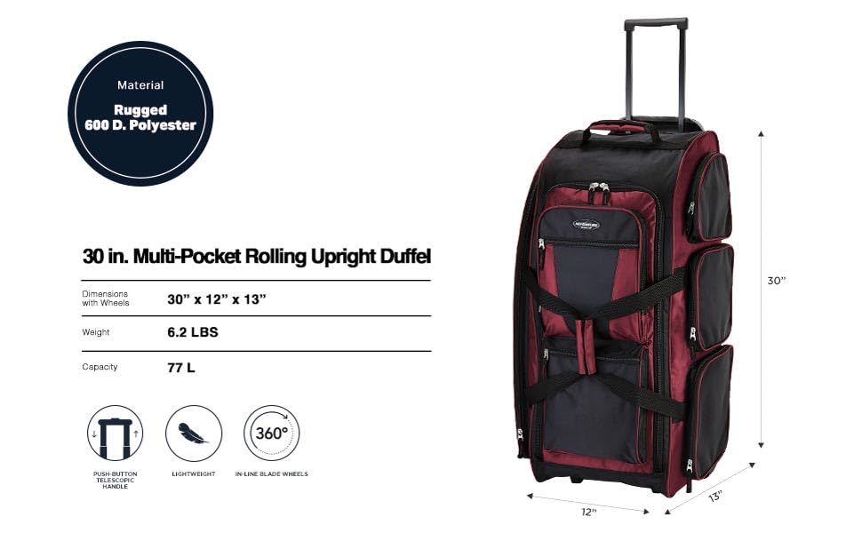 Travelers Club Xpedition 30 Inch Multi-Pocket Upright Rolling Duffel Bag - color: Crimson Red