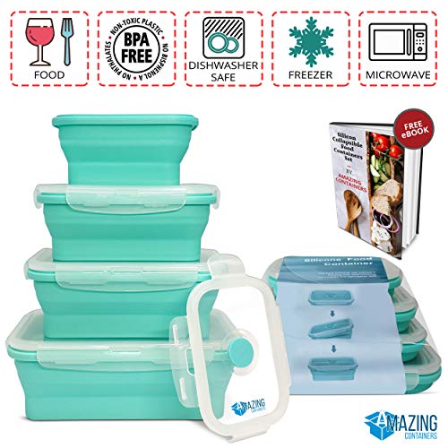 AMAZING CONTAINERS™ Collapsible Silicone Food Storage Container Set of 4 with Lids | Stackable | Microwaveable | Freezer, Dishwasher Safe| BPA Free