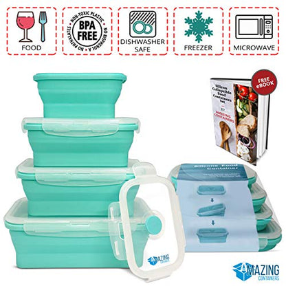 AMAZING CONTAINERS™ Collapsible Silicone Food Storage Container Set of 4 with Lids | Stackable | Microwaveable | Freezer, Dishwasher Safe| BPA Free