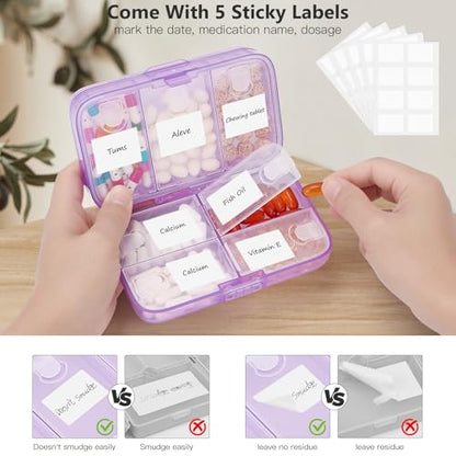 FYY Weekly Pill Organizer with Labels,8 Compartments Travel Daily Pill Case Airtight Moistureproof Large Pill Box to Hold Vitamins, Fish Oil, Supplements,Cotton Swab and Bandages-Purple - color: Purple
