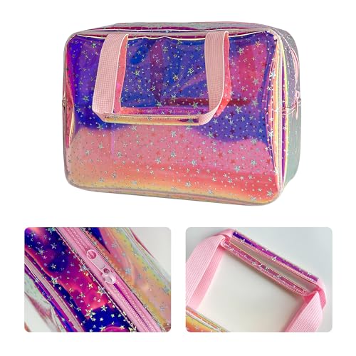 TPU Holographic Pink Star Large Cosmetic Bag 12x5x8 inch Travel Pouch with Handle,Durable Material,Zipper Design-Ideal for Makeup,Travel Essentials (9593-8) - color: Pink 9593-8