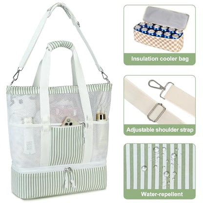 Bluboon Mesh Beach Tote Bag with Cooler Compartment Insulated Detachable Picnic Bag with Zipper and Pocket Pool Bag for Women - color: A-sage Green White Vertical Stripes