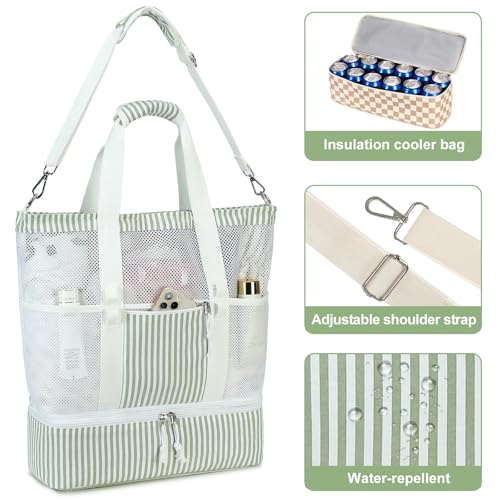 Bluboon Mesh Beach Tote Bag with Cooler Compartment Insulated Detachable Picnic Bag with Zipper and Pocket Pool Bag for Women - color: A-sage Green White Vertical Stripes