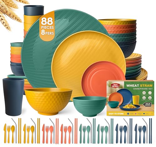 Teivio 88-Piece Kitchen Plastic Wheat Straw Dinnerware Sets for 8, Dinner/Dessert/Tidbit Plate, Cereal/Fruit Bowls, Cups, Flatware,Dishwasher Safe, Colorful Unbreakable RV Dishes, Fall Multicolor - color: Autumn Multicolor