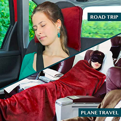 PAVILIA Travel Blanket Pillow, Soft Airplane Blanket 2-in-1 Combo Set, Plane Blanket Compact Packable, Flight Essentials Car Pillow, Travelers Gifts Accessories, Luggage Backpack Strap, 60x43 Red - color: Wine