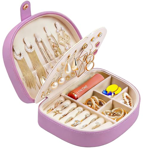QBestry Travel Jewelry Case for Women Girls,Seashell-Shaped Small Jewelry Box with 40 Earring Holders & 5 Necklace Hooks,Leather Portable Jewelry Organizer for Necklace Ring Earring Travel Case Purple - color: Purple
