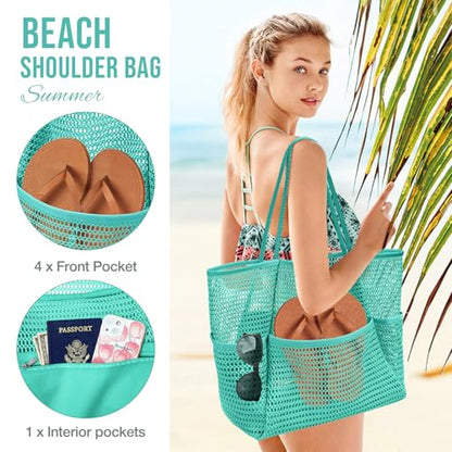 KPX Beach Bag with Mini Pocket, Summer Beach Tote Bags for Women Large Foldable Mesh Swimming Pool Travel Bags - Sandproof - color: Teal