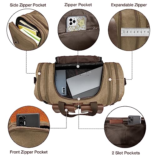 Wildroad 50L Travel Duffel Bag, Expandable Canvas Genuine Leather Duffle Bag Upgraded Overnight Weekender Carry on Bag - color: Coffee, size: Large-50L Duffle Bag