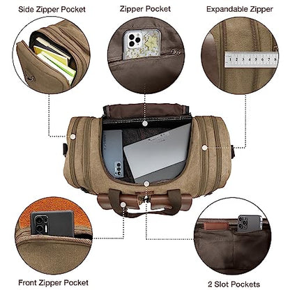 Wildroad 50L Travel Duffel Bag, Expandable Canvas Genuine Leather Duffle Bag Upgraded Overnight Weekender Carry on Bag - color: Coffee, size: Large-50L Duffle Bag