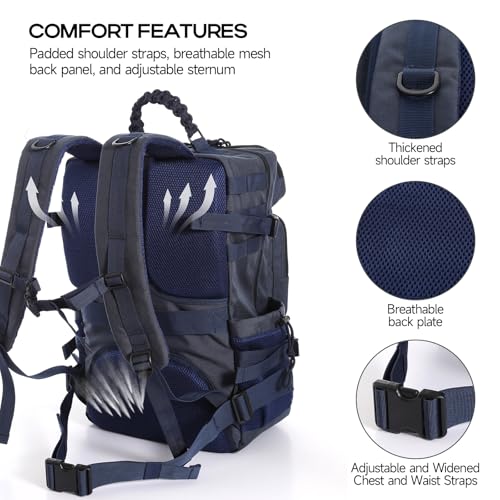 35l 1000D waterproof material,Tactical Backpack for Men and Women, Military Backpack with Shoe Compartment, Travel Hiking Hunting Gear Bag with Molle System, Blue - color: Navy Blue 35l