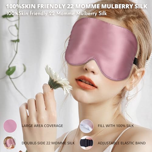 Sleep Mask, Silk Eye Mask for Sleeping with Adjustable Strap, Satin Blackout Sleeping Eye Mask for Men&Women, Comfortable Blindfold Eyeshade for Night Sleep(22 Momme Pink) - color: 22 Momme-pink
