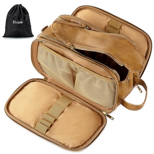 Elviros Toiletry Bag for Men, Large Travel Shaving Dopp Kit Water-resistant Bathroom Toiletries Organizer PU Leather Cosmetic Bags - color: Toffee, size: Large (Pack of 1)