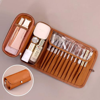 Travel Makeup Organizer, Foldable Roll-Up Cosmetic Storage Bag for Women (Brown) - color: Brown