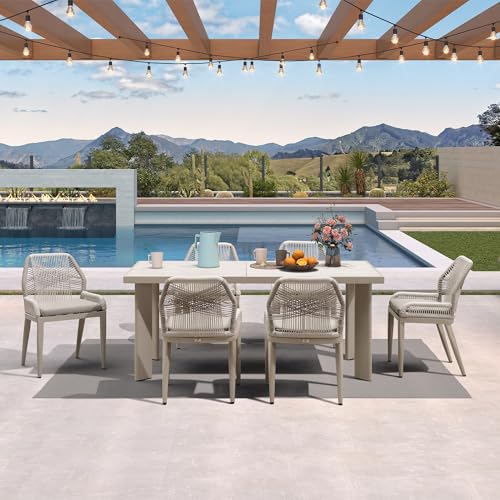PURPLE LEAF 7 Pieces Patio Dining Set Aluminum Modern Rectangular Table and Wicker Chairs with Cushions for Kitchen Porch Garden Outdoor Furniture Sets, Champagne - color: Champagne, size: 7 PCS, style: Rectangular