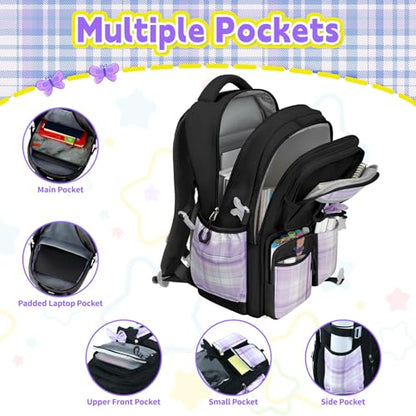Girls Backpack with Lunch Box Set, 5pc Black Cute Kawaii Bookbag for Teens, Aesthetic School Backpack for Elementary - color: Black