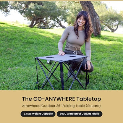 ARROWHEAD OUTDOOR 26” (66cm) Portable Camping Folding Table, 2 Cup Holders, Square, Carrying Case, Steel Frame, High-Grade 600D Canvas - color: Gray 2pack