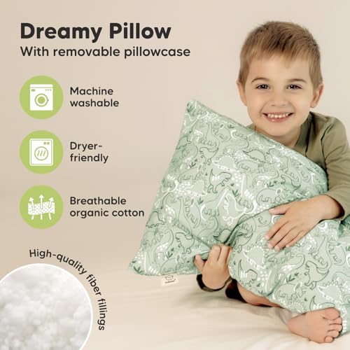 KeaBabies Organic Toddler Pillow with Pillowcase, Jumbo 14X20 - Soft Cotton Toddler Pillows for Sleeping - Machine Washable - Perfect for Travel, Toddler Bed Set (DinoDood) - color: Dinodood