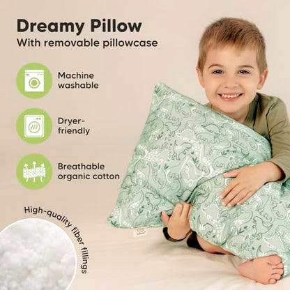 KeaBabies Organic Toddler Pillow with Pillowcase, Jumbo 14X20 - Soft Cotton Toddler Pillows for Sleeping - Machine Washable - Perfect for Travel, Toddler Bed Set (DinoDood) - color: Dinodood