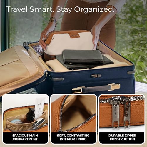 Double-Layer Toiletry Bag, Water-Resistant Hybrid Leather Cosmetic Organizer with Wet/Dry Compartments, 26x15x16cm (Ivory, Double layer) - color: Ivory