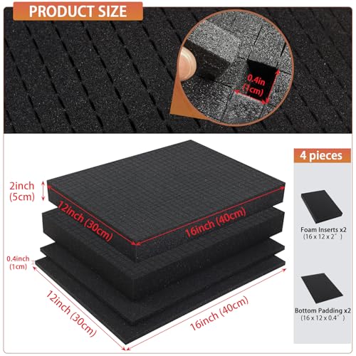 QDYMXUN Pre-Cubed Pick & Pluck Foam Sheets - 2-Pack (16"x12"x2") with 0.4" Bottom Padding, Polyurethane Apart Insert Pads Liners for Toolboxes, Storage Drawer and Crafts - size: 2Pack 16'' x 12'' x 2'' with 0.4" Bottom Padding