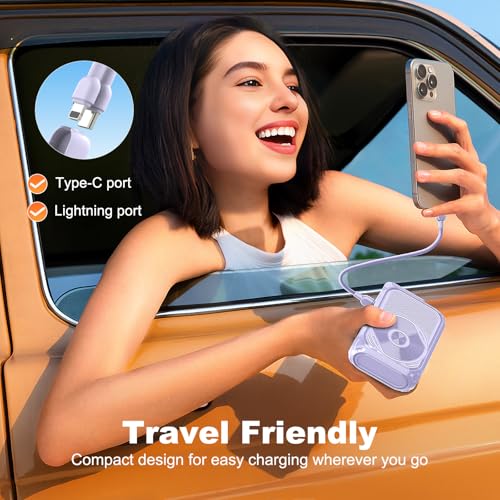 SEANCHEER P05 Portable Charger, Magnetic Power Bank, Small PowerBank, Battery Pack10000mAh Travel Essentials Fast Charging with Built in Cable, Foldable Wall Plug for iPhone,Samsung,Andriod (Purple) - color: Purple