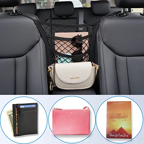 3-Layer Car Mesh Organizer Storage Between Front Seats Kid Dog Pet Net Barrier Car Net Pocket Elastic Tissue Purse Holder Netting for SUV, Van - size: 11.8 x 10.6 inch