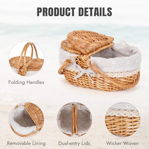 Happypicnic 12" Picnic Basket - Small Wicker Basket with Foldable Handle Lid & Removable Liner | Cute Picnic Basket Toy Empty for Kids, Gift, Halloween, Christmas, Valentines, Easter, Birthday, Flower - color: White Flower, size: Small