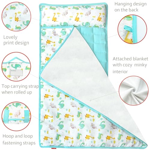 Moonsea Nap Mat with Pillow for Toddlers Dinosaur and Fleece Minky Blanket, Lightweight Perfect for Toddlers Preschool, Daycare, Travel Sleeping Bag Boys Girls, 21" x 50" Fit on a Standard Cot - color: Dinosaur