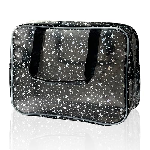 Black Holographic Star Cosmetic Bag for Women 11.8x5.1x8.2 Inches Portable Travel Toiletry Bag with Handles,Durable PVC Material,Zipper Design-Ideal Large Clear Makeup Organizer - color: Gray