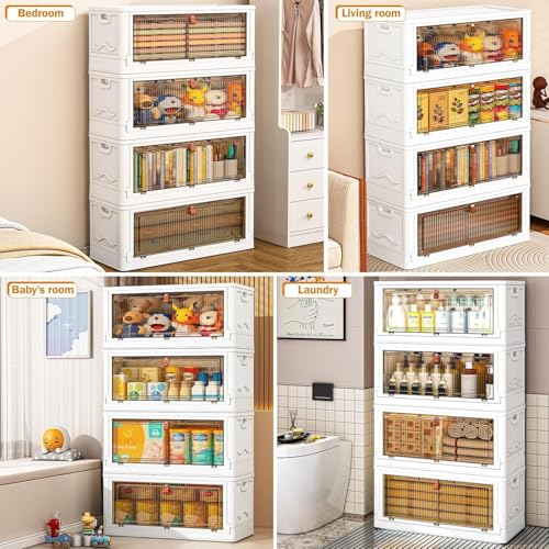 YFXCVSL 4 Tier Plastic Storage Bins with Lid 102QT, Stackable Storage Containers with Wheels, Folding Storage Boxes, Stackable Storage Bins, Organizers and Storage for Living Room - size: 4-Tier&4Lids 102QT