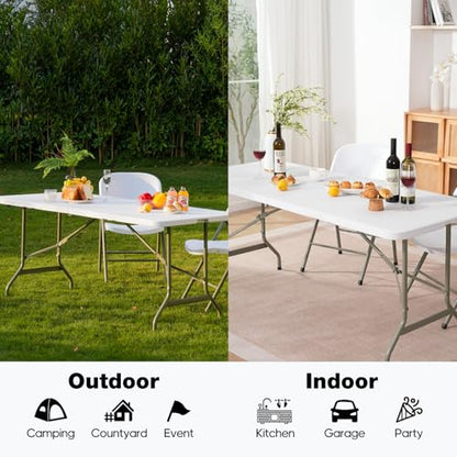 Folding Table 6ft, Heavy-Duty 500lbs Weight Capacity Foldable Table with HDPE Top & Steel Legs, Portable 6 Foot Picnic Table for Indoor Outdoor Parties, Camping, Event
