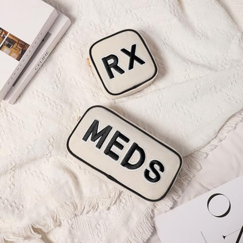 RSRSLEII 2Pcs Small Canvas Rx MEDS Medicine Packages, Cute Chenille Letter Patch Drug Makeup Bag with Metal Zipper, Mini Travel First Aid Purse Organizer Machine Washable (05RX and MEDS) - color: 05RX and MEDS