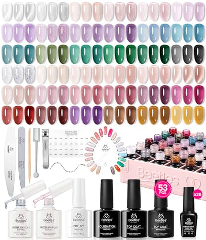 Beetles Jelly Gel Nail Polish Set, 53PCS 36 Colors Jelly Pink Milky White Red Black Blue Green Silver Cat Eye Base Glitter Glossy Matte Top Coat Crystal Ice Collection French Nails Gift for Women - color: 0-1-Crystal Ice Collection