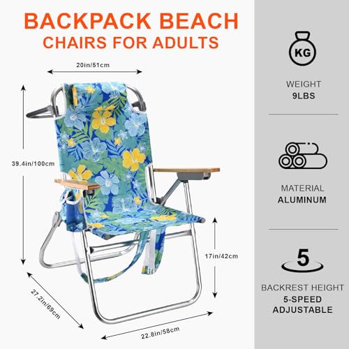 Backpack Beach Chairs for Adults Capacity 300 LBS high 5 Position Beach Chair with Pouch Straps Folding Lightweight Reclining Aluminum Wide Lay Flat Single - color: 17in Wood Yellow Flower 1 Pack