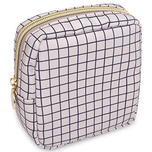 Nylon Mini Makeup Bag for Purse, Small Cute Checkered Makeup Bag Preppy Cosmetic Zipper Pouch Purse, Travel Coin Pouch Sanitary Napkin Storage Bag Clutch Make Up Organizer for Women Girls(Checkered) - color: Checkered, size: Mini