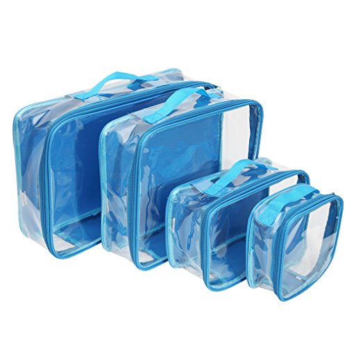 Clear Packing Cubes set of 4 / Packs 7-10 Days of Clothes/Premium PVC Plastic Storage Bags - color: Turquoise Blue