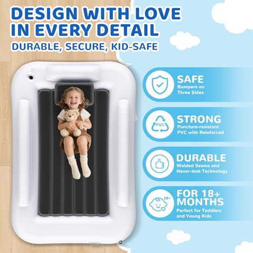 Inflatable Toddler Travel Bed - 60 Inches Portable Toddler Bed for Travel with Safety Sides - Cozy Kids Air Mattress Set with High-Speed Pump & Carry Case - Lightweight & Easy to Inflate -Grey - color: Grey