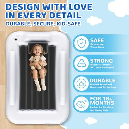Inflatable Toddler Travel Bed - 60 Inches Portable Toddler Bed for Travel with Safety Sides - Cozy Kids Air Mattress Set with High-Speed Pump & Carry Case - Lightweight & Easy to Inflate -Grey - color: Grey