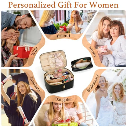 Personalized Initial Makeup Bag Gifts for Women, Large Travel Cosmetic Organizer with Handle & Divider, PU Leather Toiletry Bag for Girls, Birthday Bridesmaid Gift Set - Black - H - color: Black, style: H