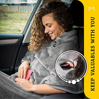 Travel Blanket Airplane Compact with Hoodie – 2in1 Airplane Travel Accessories from Plane Blanket to Travel Pillow with Luggage Strap, Soft Handle & Secure Pocket - color: Light Grey, size: 62x41''