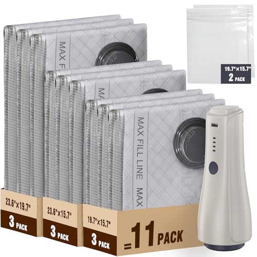 QcoQce Vacuum Storage Bags with Rechargeable Electric Pump, Space Saver Bags for Travel, Vacuum Seal Bags for Clothing, Bedding, Seasonal Storage, Compression Packing Bags for Suitcase - color: Grey and white