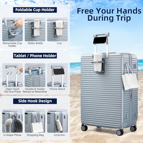 HanTrip Hard Shell Suitcases 28 Inch Large Checked Luggage with Spinner Wheels Cup Holder, Expandable Check in Luggage Lightweight Top Opening Luggage Big Rolling Suitcase with Lock, Silver - color: Arctic Silver, size: Expandable 28 Inch