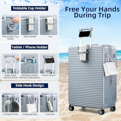 HanTrip Hard Shell Suitcases 28 Inch Large Checked Luggage with Spinner Wheels Cup Holder, Expandable Check in Luggage Lightweight Top Opening Luggage Big Rolling Suitcase with Lock, Silver - color: Arctic Silver, size: Expandable 28 Inch