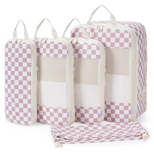 Narwey 6 Set Compression Packing Cubes for Travel Women Men, Travel Cubes for Carry On Suitcase, Durable Compression Luggage Organizer Bags - color: ZZ-Dusty Pink Checkerboard