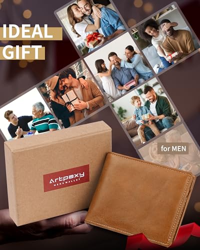Artpaxy Mens Wallet Genuine Leather Bifold RFID Blocking Wallet for Men with 1 ID Window 13 Card Holders 2 cash pockets 1 Gift Box (Light Brown) - color: Light Brown