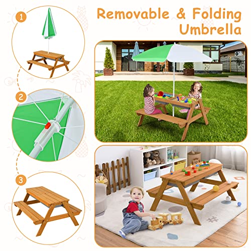 HONEY JOY Kids Picnic Table, 4 in 1 Cedar Wooden Sand & Water Table w/ 2 Removable Box & Umbrella, Kids Picnic Tables for Outdoors Backyard Garden, Toddler Patio Furniture Set for Boys Girls(Natural) - color: Natural